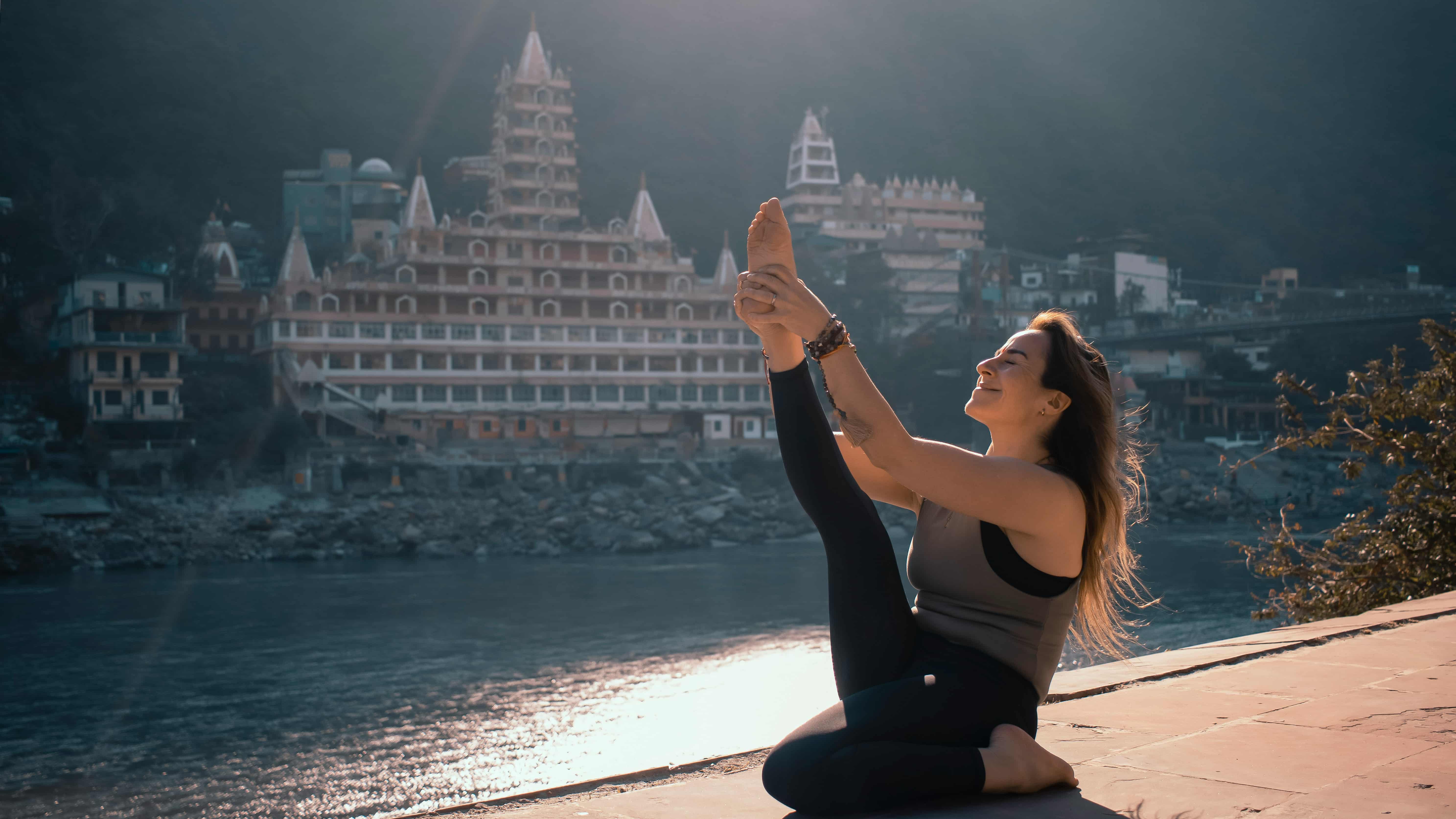 Morning practice on a rooftop above the Ganga in Rishikesh