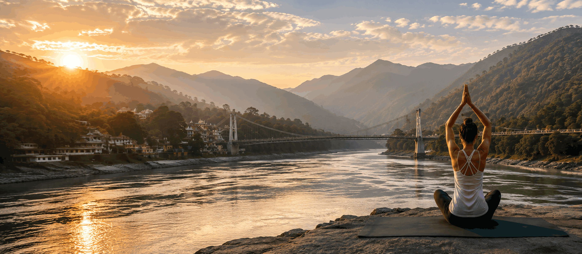 Sunrise over the Ganga at Rishikesh, a figure seated on the bank